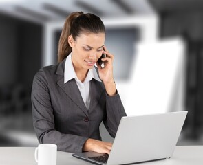 Happy smiling business woman making business in office.