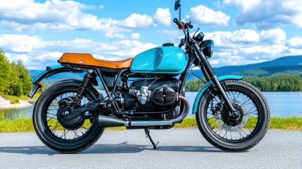 Fototapeta premium Stylish Vintage Motorcycle by the Lake