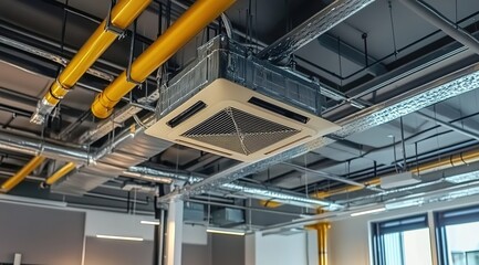 
An overhead shot of an air conditioning unit suspended from the ceiling
