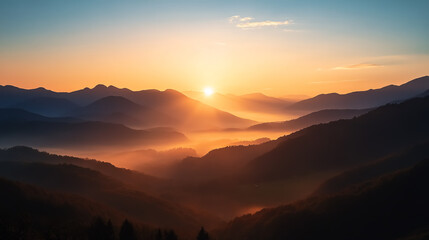 Sunrise in the Mountains: A serene view of the sunrise over majestic mountain peaks, with the early light casting a golden glow over the landscape.