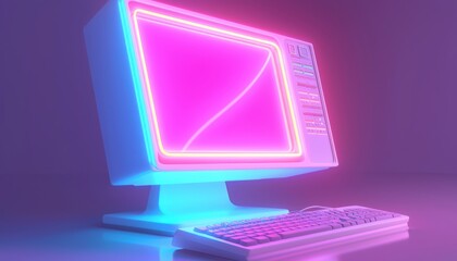 A retro-style computer with neon accents, showcasing a vibrant design that blends nostalgia with modern aesthetics.