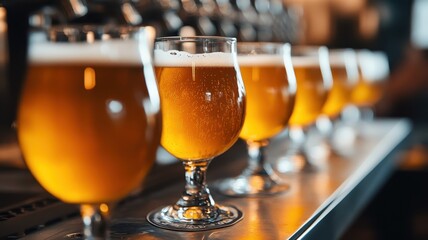 A row of elegant beer glasses filled with golden beer, sitting on a bar counter. The ambiance is warm, enhancing the inviting atmosphere of a lively pub or brewery.