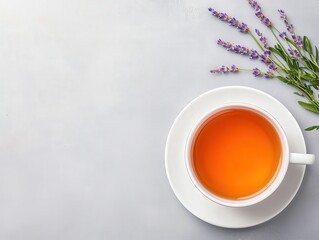 Chamomile and lavender tea in a delicate porcelain cup with vintage floral patterns, soft cozy background, herbal tea, calming bedtime tea with space for text