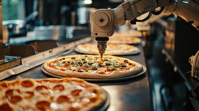A robotic arm assembling delicious pizzas in a modern kitchen. Fresh toppings, crispy crusts, and an efficient process make this an enticing food production scene.
