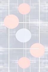 minimalist geometric pattern of interlocking circles and squares, arranged symmetrically in a soothing, neutral palette of pale greys and subtle blush tones