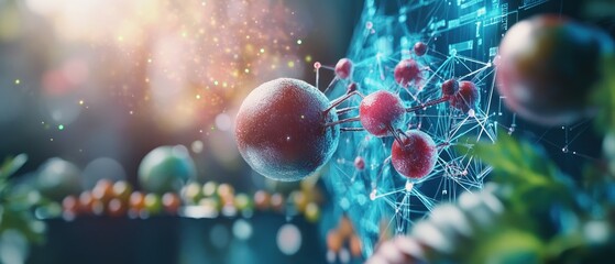 Abstract representation of molecular structures with vibrant colors and digital elements, illustrating the complexities of cellular biology and genetic research.