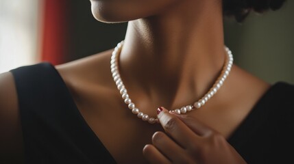 A woman gently clasping a pearl necklace around her neck, preparing for a formal event.