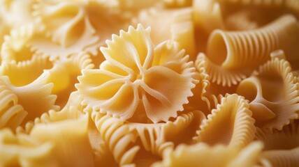 Close-up of various shapes of uncooked pasta, featuring intricate designs and textures. Perfect for culinary or cooking-themed projects.
