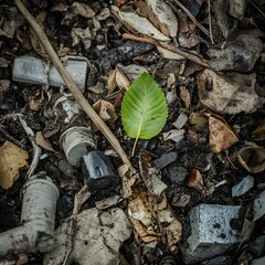 Obraz premium Single Green Leaf Sprouting from Industrial Debris