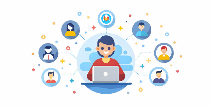 Abstract Digital Art: Person Surrounded by Floating Icons of Remote Work Tools - Creative Illustration Depicting Happiness and Connectivity of Working from Home with Bokeh Effects for Photo Stock Conc