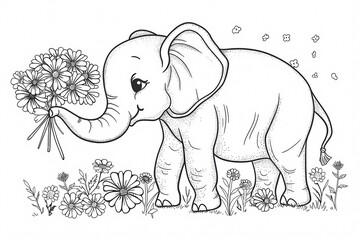 Naklejka premium A cute cartoon elephant holding a bouquet of flowers, surrounded by a variety of blooming flowers in a playful, whimsical style.