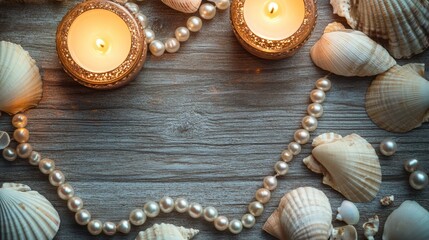 Pearls delicately arranged in a circular pattern on a wooden table, alongside seashells and candles.