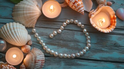 Pearls delicately arranged in a circular pattern on a wooden table, alongside seashells and candles.