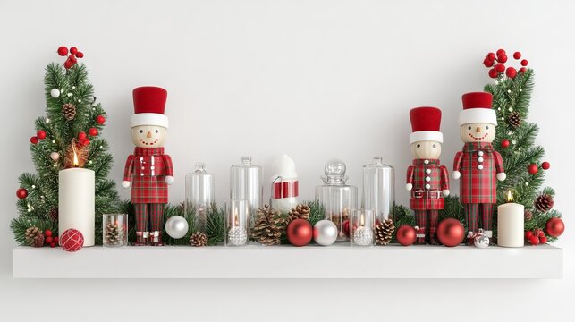 2408_095.Cozy Christmas mantel decorated with wooden nutcrackers, tartan ribbon, glass votives, white background, 3D Rendering, isometric