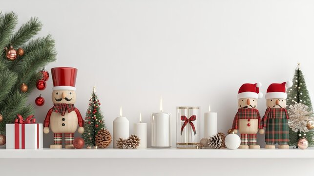 2408_095.Cozy Christmas mantel decorated with wooden nutcrackers, tartan ribbon, glass votives, white background, 3D Rendering, isometric