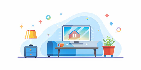 Close-Up of Smart Home Device with Holographic Interface in Cozy Living Room - Macro Shot Capturing Cutting-Edge Technology and Comfort in Photo Stock Concept