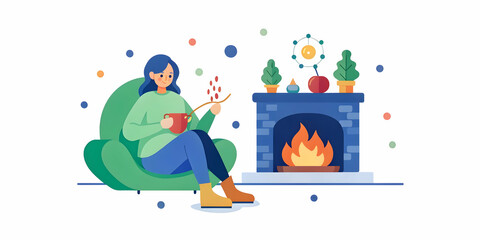Cozy Woman Knitting by the Fireplace in a Relaxing Living Room - Candid Shot Capturing Contentment and Warmth in a Tranquil Home Environment