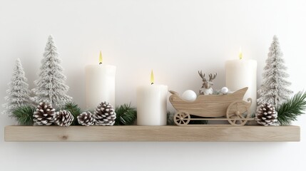 2408_100.Cozy Christmas mantel decorated with wooden sleigh, white candles, frosted pinecones, white background, 3D Rendering, isometric