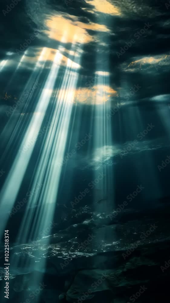 Poster underwater sun rays filtering through water in serene ocean scene
