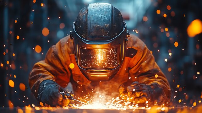A welder wearing a protective helmet and suit welds metal, sparks flying.