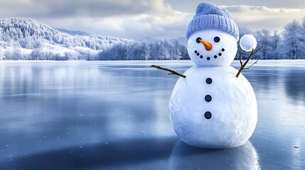 A snowman beside a frozen lake on a cloudy winter day, holding a small snowball in one twig arm. The surface of the lake is smooth and reflective,