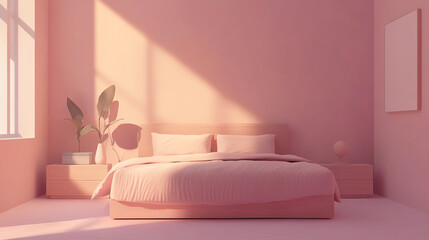 Cozy and modern bedroom interior featuring soft pink tones, natural light, plants, and minimalist decor, designed for relaxation and comfort.