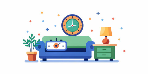 Close Up of a Futuristic Clock Casting Time Projection on Wall - Macro Shot of Stylish Timepiece Blending Advanced Technology with Cozy Living Room Ambiance in Photo Stock Concept