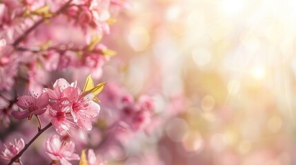 Pink cherry blossom flowers with sunlight in background. Springtime and seasonal floral concept.