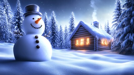 Obraz premium A snowman built beside a small wooden cabin deep in the forest, with snow-covered pine trees all around. The cabin emits a warm, inviting glow from the windows,