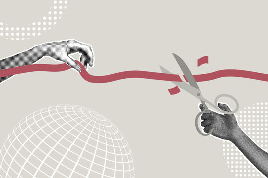 Modern halftone collage. Concept of starting a new business, opening ceremony, launching a new product. Halftone hand cutting red ribbon with scissors symbolizing opening or starting a new. Modern