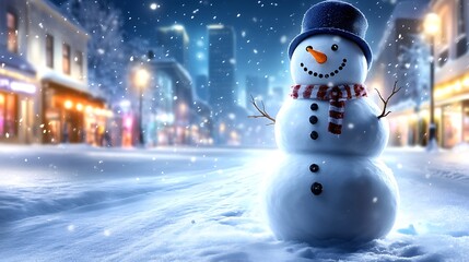 Obraz premium A snowman built in a snowy plaza, framed by towering city skyscrapers and sparkling lights. The snowman is illuminated by streetlights and the glow from nearby shops,