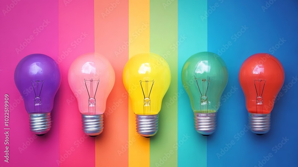 Wall mural colorful light bulbs on a vibrant background, symbol of creativity and innovation