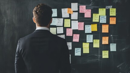Strategic planning in action, businessman analyzing ideas on sticky notes for innovative solutions