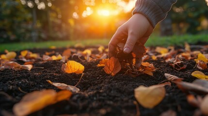 A hand gently touches soil and fallen leaves during sunset, capturing the beauty of nature and the changing seasons