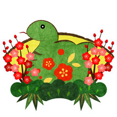 巳年年賀状アイコン、緑蛇、イラスト、かわいい、扇、松竹梅