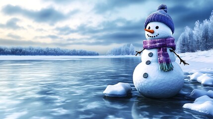 Fototapeta premium A snowman by the edge of a frozen lake, surrounded by snow-covered rocks and a few leafless trees. The snowman wears earmuffs and a long scarf,