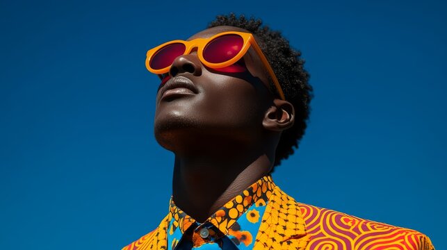 A contemporary elegant and sophisticated black male model in his 40's on location wearing dark sunglasses  up in the sky. 