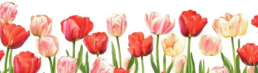 Vibrant red and white tulips in bloom, a captivating display of springtime beauty