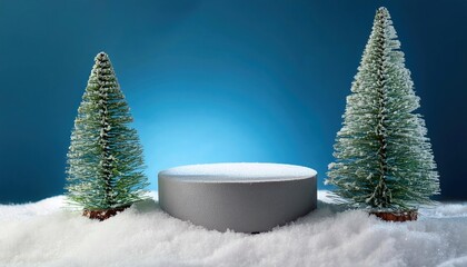 Podium made of snow for presentation with spruce trees, Christmas or New Year's decoration.