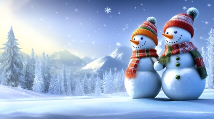 Obraz premium A snowman couple holding hands at the edge of a snowy forest, gazing out at the frozen landscape. Both snowmen are wearing festive scarves and wool hats,