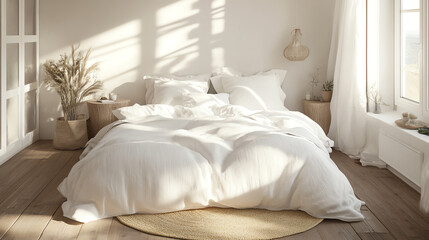 Cozy bedroom with white bedding and natural light, creating a serene and inviting atmosphere. Perfect for relaxation and rest, showcasing minimalistic decor and comfort.