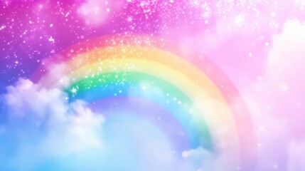 Obraz premium A vibrant rainbow arcs across a dreamy, pastel sky filled with clouds and sparkling light.
