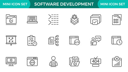 Software development line icon set. Cloud computing, programmer, website, data, bugs, appraisal, feedback, evaluation, goals, metrics, KPI outline icon collection.