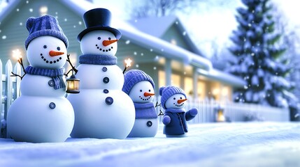Obraz premium A snowman family of five, each snowman with different facial expressions and accessories like earmuffs, top hats, and buttons. The dad snowman is holding a small snow lantern,