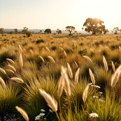 Serene grassland with variety of plants in landscape