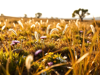 closeup of flowers and plants in desert grassland 