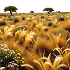 detailed plants in desert grassland with trees