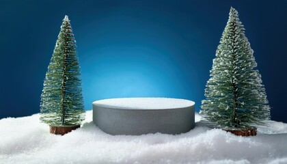 Podium made of snow for presentation with spruce trees, Christmas or New Year's decoration.