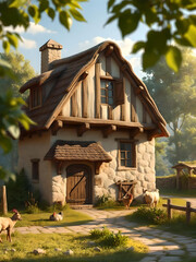 View of Medieval Style house in woods 