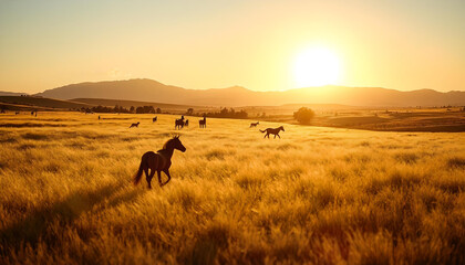 South American gold grass prairie at sunset 